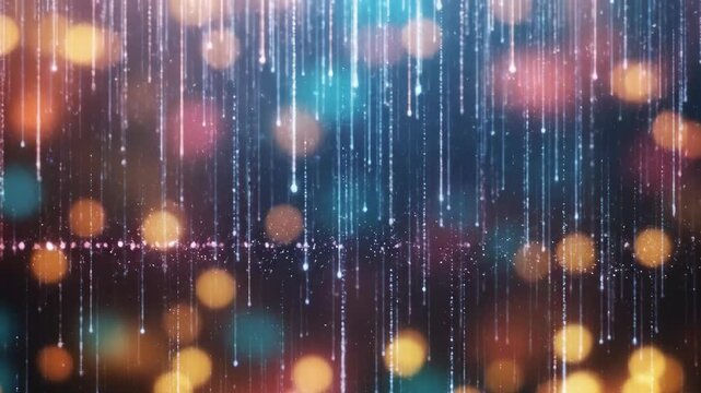 Abstract digital rain of light particles falling with bokeh effect background.