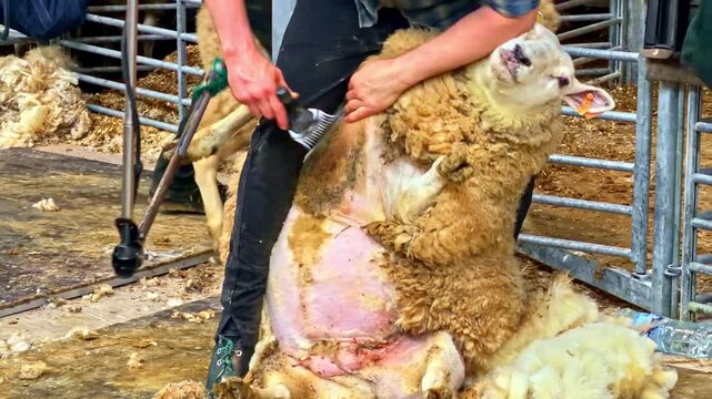 Slow motion close-up of farm worker shearing sheep with electric clipper, removing thick wool fleece as animal is held between worker's legs in shearing pen