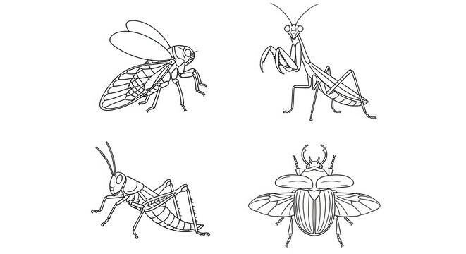 Set of Four Insect Line Drawings: Praying Mantis, Grasshopper, Beetle, and Fly