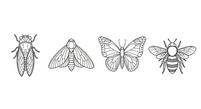 Set of four insects: cicada, moth, butterfly, and bee, isolated on white background.