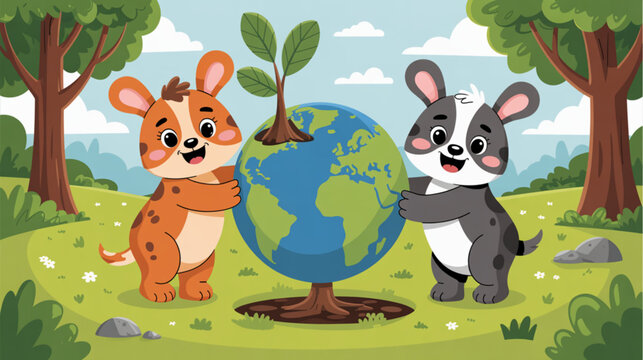 Eco friendly cartoon animals, globe, and tree, environmental conservation concept, green earth