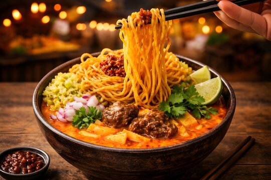A steaming bowl of spicy Khao Soi noodles with meatballs, lime, and cilantro, being lifted by chopsticks against a warm bokeh background.