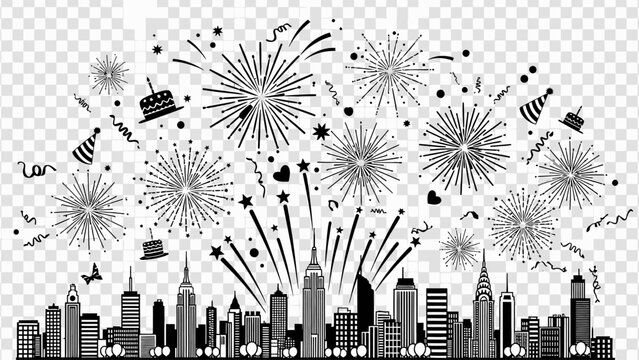 Black and white illustration of a city skyline with fireworks exploding above it on a transparent background.