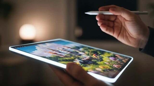 Artists Hand Using Digital Tablet and Stylus to Create Artwork.