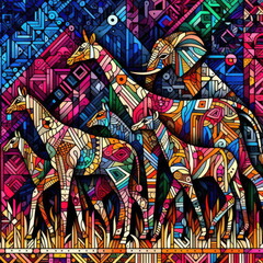 Fototapeta premium Vibrant Tingatinga African Wildlife Tribal Mosaic Vector Pattern