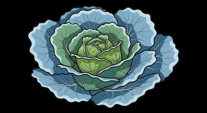 Isolated cabbage illustration with layered green and blue leaves, against a black background
