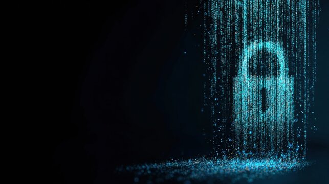 Lock Icon Transforms Into Flowing Binary Code on Dark Background With Deep Blue and Cyan Colors