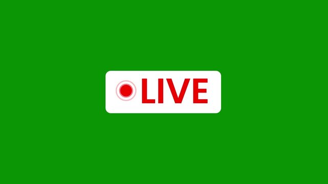 Red live streaming badge animation, 4K green background, glowing broadcast icon loop for social media, YouTube live, webinars, TV graphics and streaming overlays