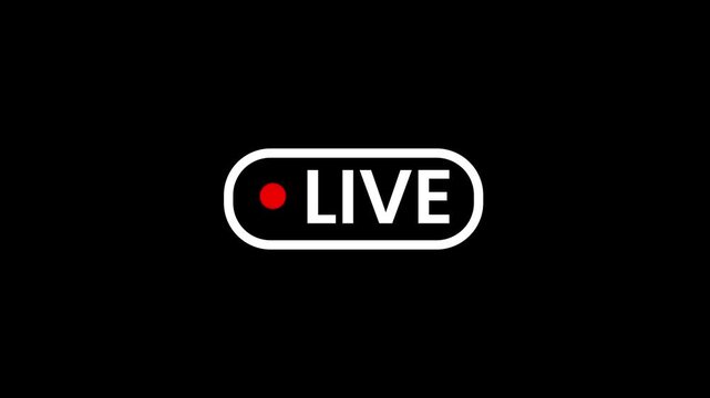 Live broadcast white icon animation, 4K black background, animated streaming button overlay for social media live, online events, TV shows and video production