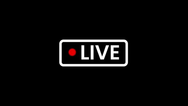 Animated live streaming icon White button, 4K black background, broadcast badge loop for digital content creators, streaming platforms, TV graphics and online video use