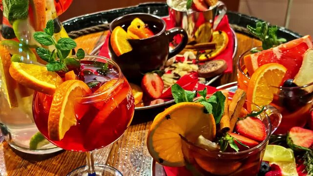 Close-up of festive winter drinks like mulled wine and sangria garnished with fruit and spices in Krakow, Poland