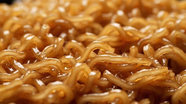 Close-up shot of cooked instant noodles in a savory sauce with a shallow depth of field, showcasing the noodles' texture and glossy appearance against a blurred background.