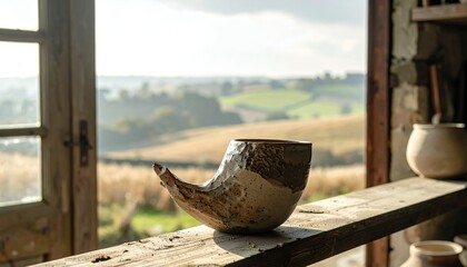 Fototapeta premium Rustic Pottery Piece on Wooden Ledge with Scenic Countryside View.