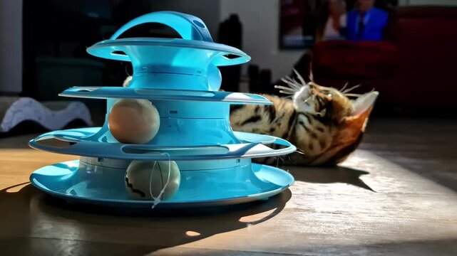 Tabby cat lies in a warm sunbeam on a wooden floor, pawing and playing with a blue ball track toy indoors. Calm, cozy pet moment in natural light.