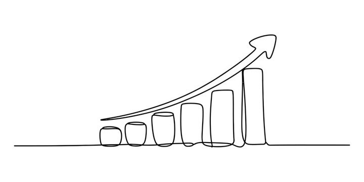 A single continuous line drawing of a bar graph showing a positive growth trend for business data Vector, illustration