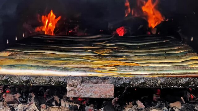 Fresh eel fish grilling over open fire with flames and charcoal during outdoor cooking