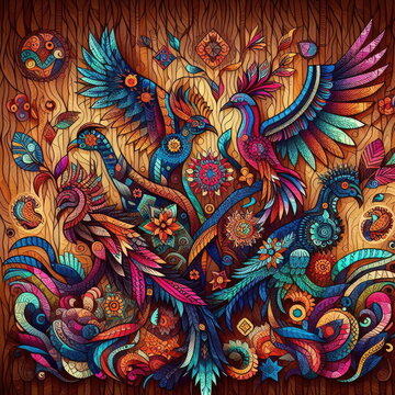 Vibrant Amate Style Neon Tribal Mosaic Vector