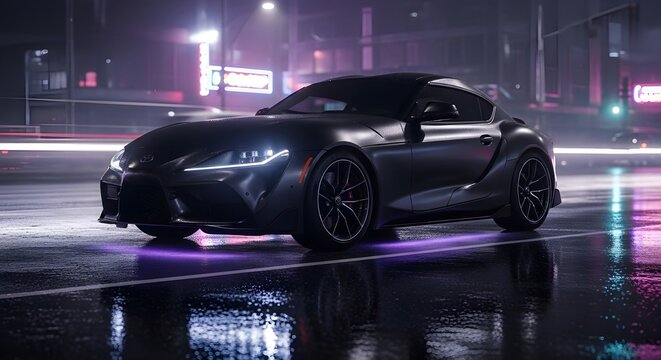 A black Toyota Supra Mk5 with a neon purple underglow, set against a futuristic city background with vibrant lights. The car&rsquo;s sleek design and underglow reflect off the wet pavement, creating a stunn
