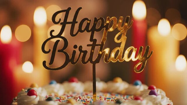 A B roll shot of a birthday cake with a Happy Birthday topper for advertising, celebration purposes on a table with lit candles.