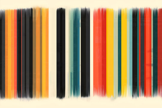 Colorful vertical stripes with glitch effect on a soft neutral background. Abstract modern composition with bold lines and retro inspired palette for design and visuals.