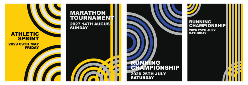 Modern running championship poster set. Athletic tournament layouts with concentric half circles and thin stripes. Flat geometric minimal style in yellow, Template for background, poster or cover.