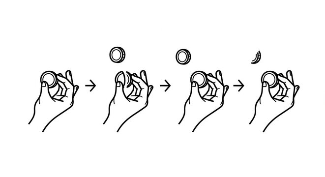 Hand tossing coin in air, showing stages of flip for probability or decision making