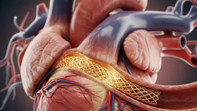 Detailed 3D Medical Animation of a Human Heart with Stent Implant.