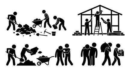 Obraz premium Stick figure icon set showing construction, manual labor, and teamwork. Workers are depicted building, digging, and carrying materials for project development