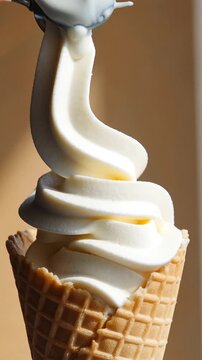 Creamy vanilla soft serve ice cream swirling into waffle cone
