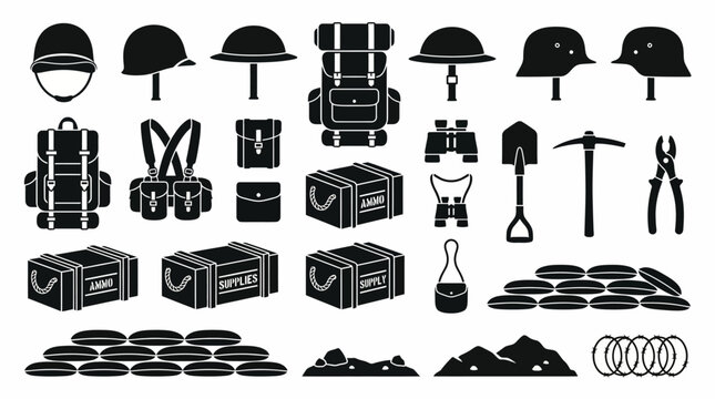 Military equipment and combat supplies silhouette vector collection, featuring essential soldier gear, helmets, backpacks, and various battlefield accessories