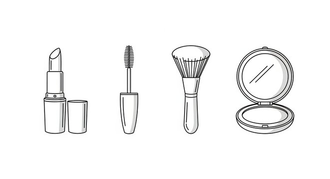 Hand-drawn makeup icons: lipstick, mascara, brush, and compact powder with mirror