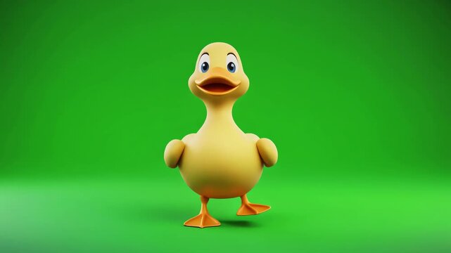 A 3D cartoon duck character stands on green background happily flapping