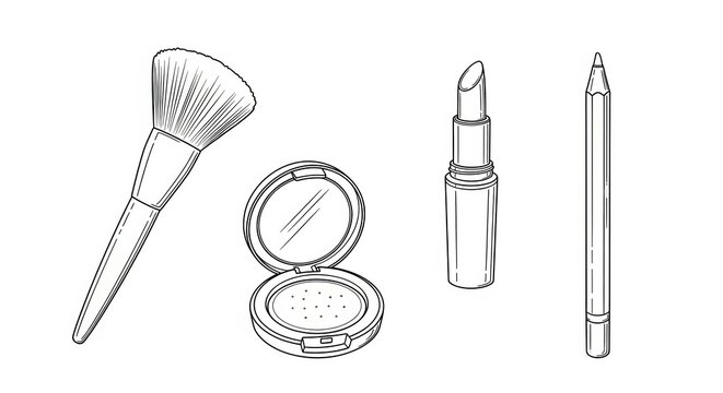 Hand-drawn sketch of makeup essentials: brush, powder compact, lipstick, and eyeliner pencil.
