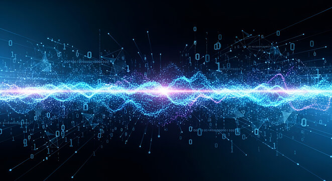 Abstract technology background with glowing blue wave of particles binary code data transmission and connections; digital network concept