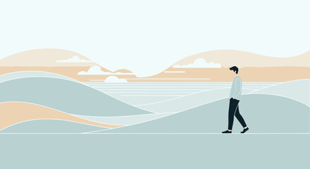 Obraz premium Man walking on a path through abstract rolling hills and ocean landscape, serene, minimalist