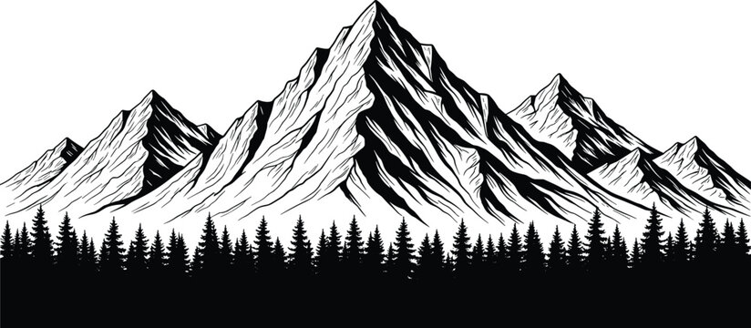 Majestic mountain range with pine forest silhouette, detailed black and white nature landscape vector illustration isolated on clean background