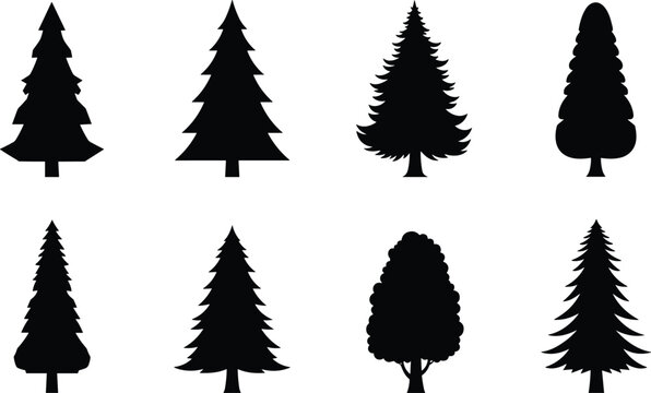 Minimalist black silhouettes of diverse tree shapes, evergreen and deciduous outlines arranged together, perfect for design, illustration, and pattern use