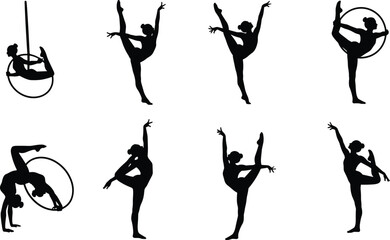 Rhythmic gymnastics silhouette collection vector set featuring flexible female athletes with hoop performing poses isolated black figures for sport design © mokbul