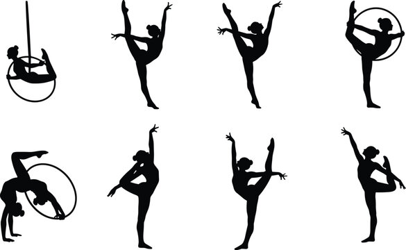 Rhythmic gymnastics silhouette collection vector set featuring flexible female athletes with hoop performing poses isolated black figures for sport design