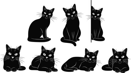 Fototapeta premium Black cat silhouettes collection featuring sitting and lying domestic cats isolated black vector illustration set for pet and animal design use