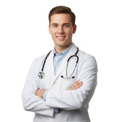 Fototapeta premium Young caucasian male doctor with short brown hair wearing a white lab coat and stethoscope standing with arms crossed in a bright clean studio medical professional