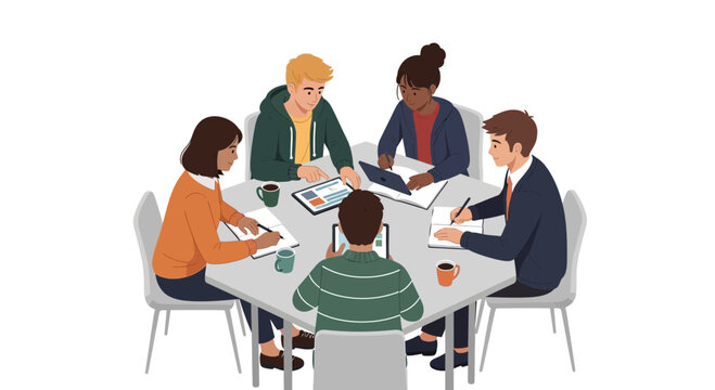 Diverse team collaborating around a modern table, discussing ideas with laptops and tablets.