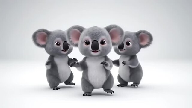 Three Adorable Cartoon Koalas Dance Playfully Together in a Studio Setting
