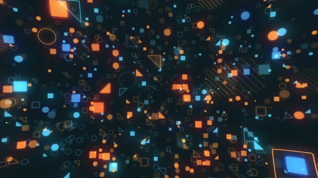 ブルーとオレンジのネオンのように光るシンプルな図形のアブストラクト　エコースペイシー　ループ