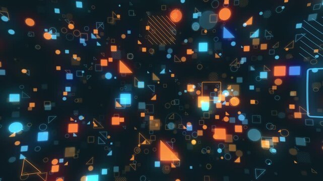 ブルーとオレンジのネオンのように光るシンプルな図形のアブストラクト　スロースペイシー　ループ