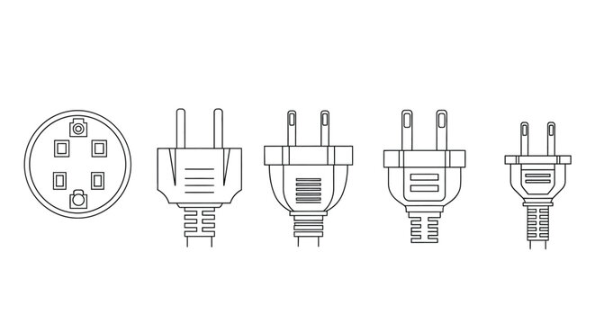A linear illustration depicting various electrical plug and socket types from around the world
