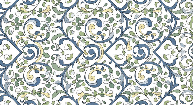 Decorative blue green floral tile pattern.