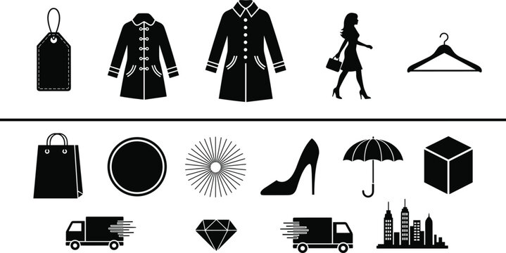 Fashion retail icons set with clothing silhouettes, shopping elements, delivery trucks, accessories and city skyline vector illustration collection