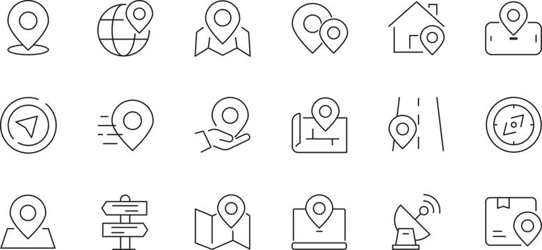 Map pin and location line icon set. Navigation, GPS pointer, and address tracking vector icons.