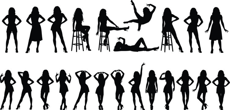 Female silhouette set featuring fashion poses, dancing women, stylish models and glamour lifestyle vector illustration collection isolated on white